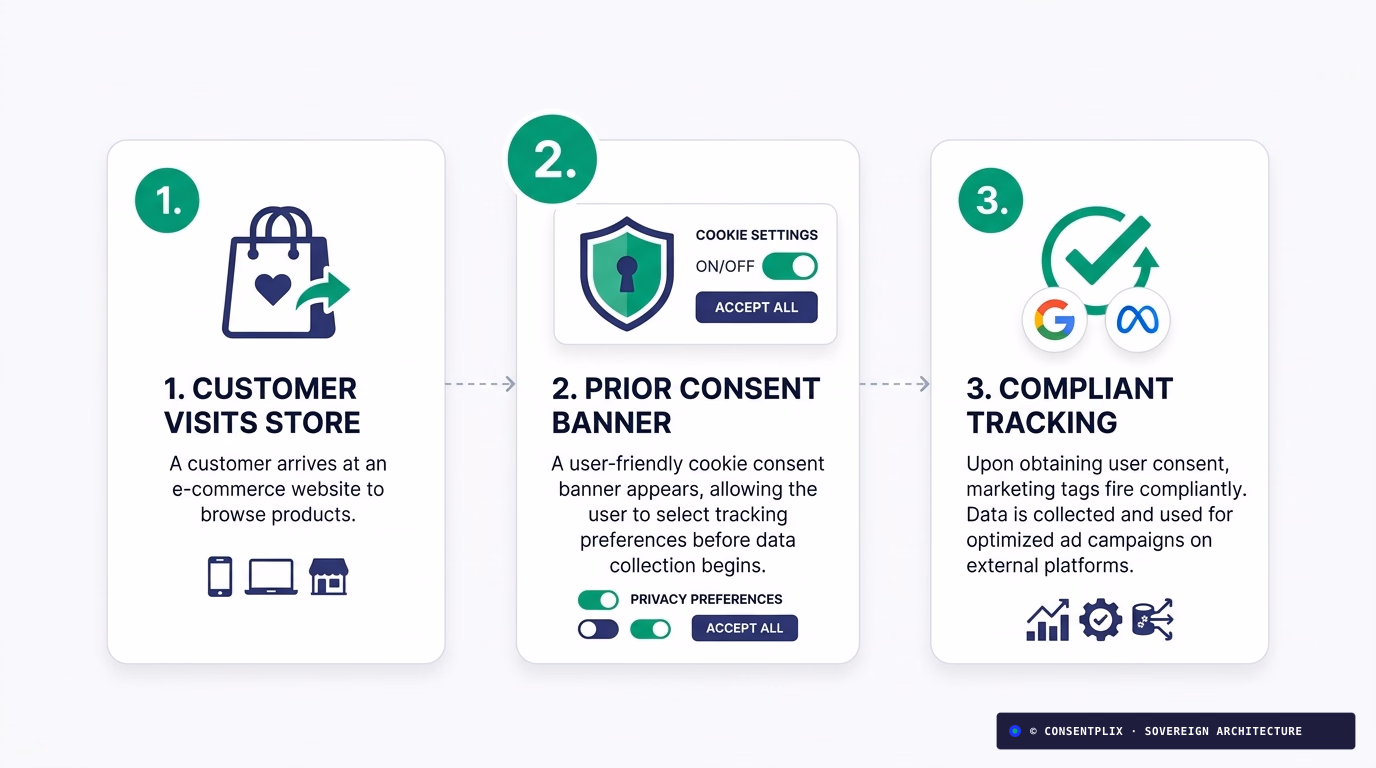 Shopify 3-step DPDP consent workflow: customer visit, prior consent banner, and compliant Google and Meta ad tracking